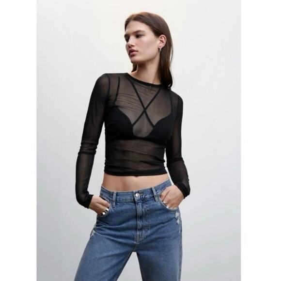 Mango Black Sheer Mesh Long Sleeve Bra Top Semi Transparent Shirt Size Small EUC - Picture 3 of 7